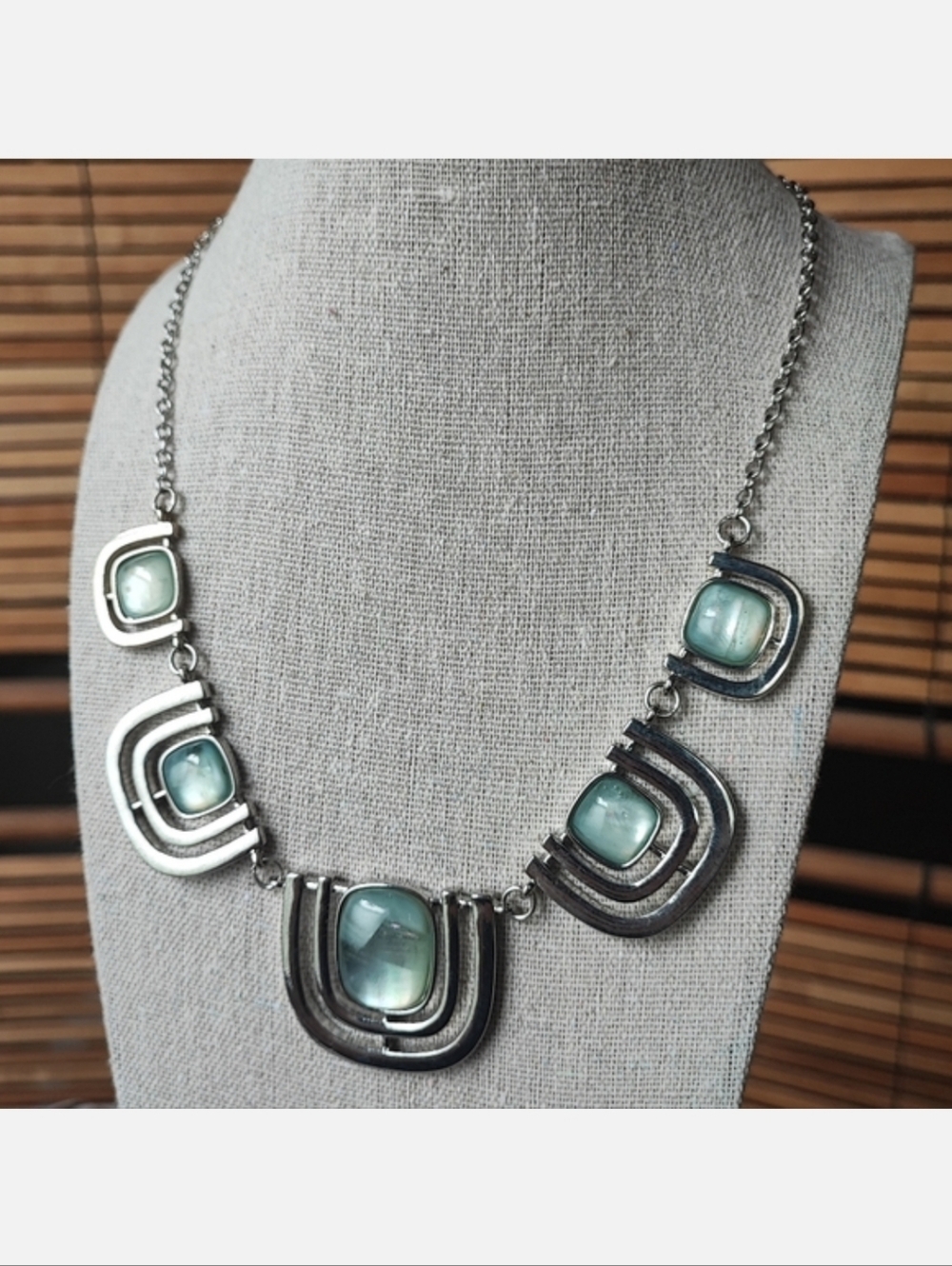Christopher and Banks Silver Tone Statement Necklace NWT Light Blue Swirls Ocean